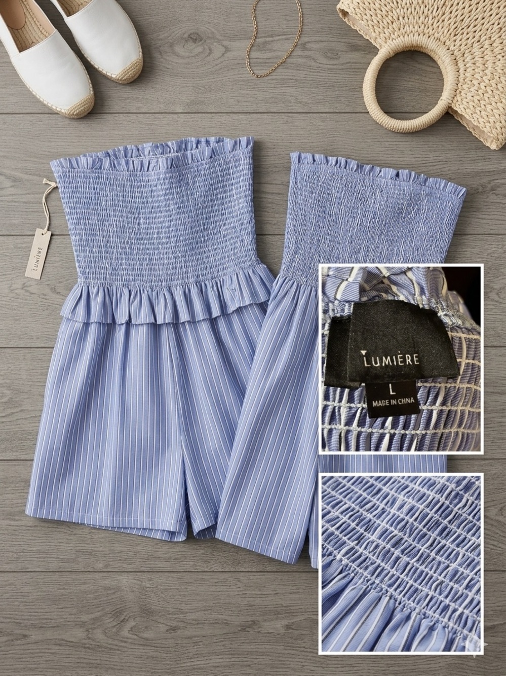 Lumiere Blue & White Striped Smocked Strapless Romper